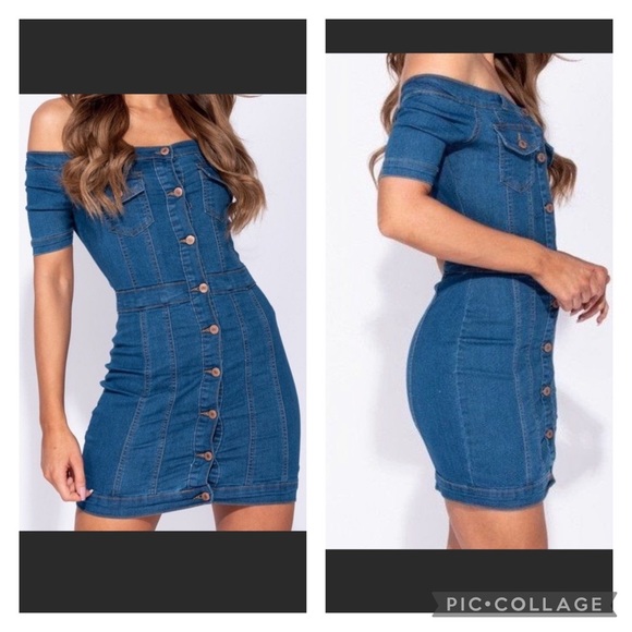 Stretch Mini Off the Shoulder Denim Dress with Button Front - Picture 2 of 9